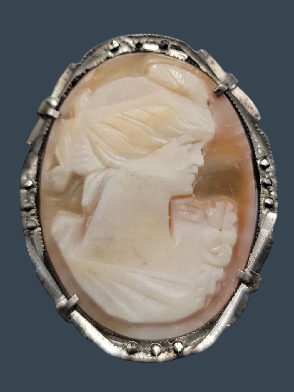 Antique 800 Silver Shell Cameo Brooch Italian Marcasite Studded Thin Delicate - Picture 1 of 12